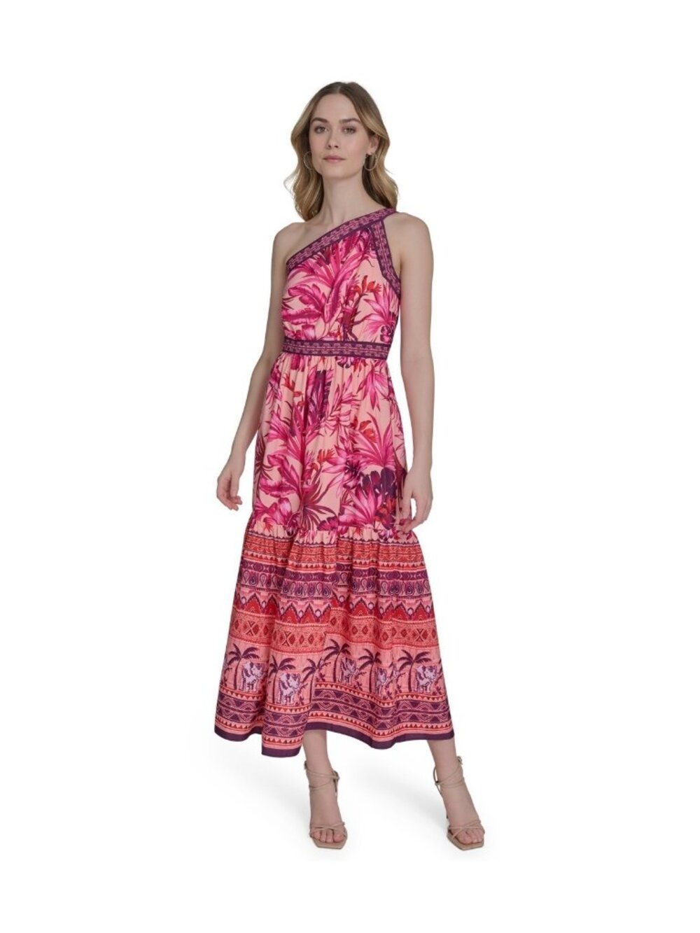 Eliza J Women Asymmetrical Neck One-Shoulder Tiered Midi Dress Pink Size 10 $158